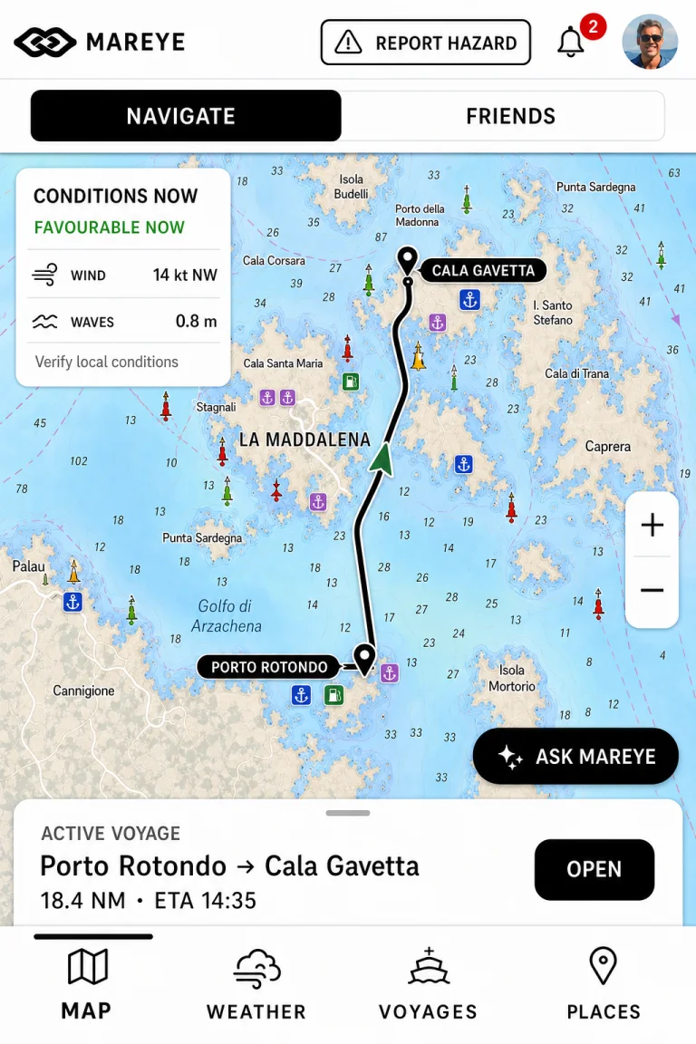 Mareye map showing real-time marine weather, an anchorage and nearby community information